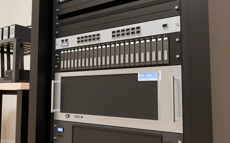 Low view of the MD1220's 24 drive caddies above the silver 4U GPU node.