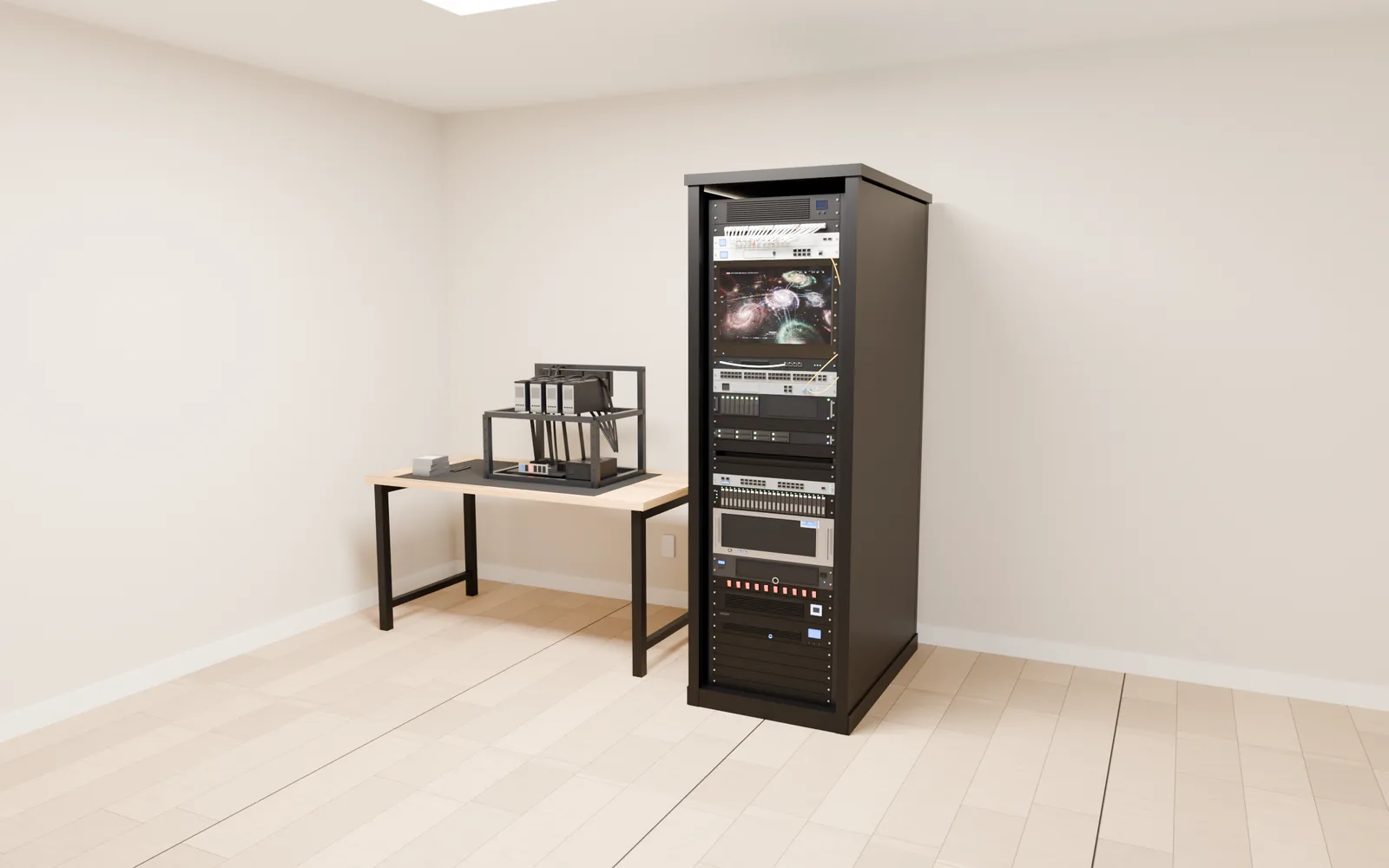 A rendering of the lab: the 42U rack — cooling, patch panel, UniFi switch and gateway, a display, routing and carrier gear, the two HPE ProLiant servers, a shelf, the SFP switch, the MD1220 flash shelf, the GPU node, the R730, power and a UPS — and beside it a desk carrying the open-frame AI server with four cards.