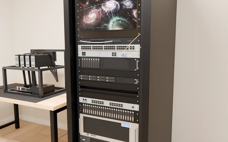 Close up of the rack: the display, the UniFi switch and gateway, the two HPE ProLiant servers, the SFP switch, the MD1220 shelf and the GPU node.