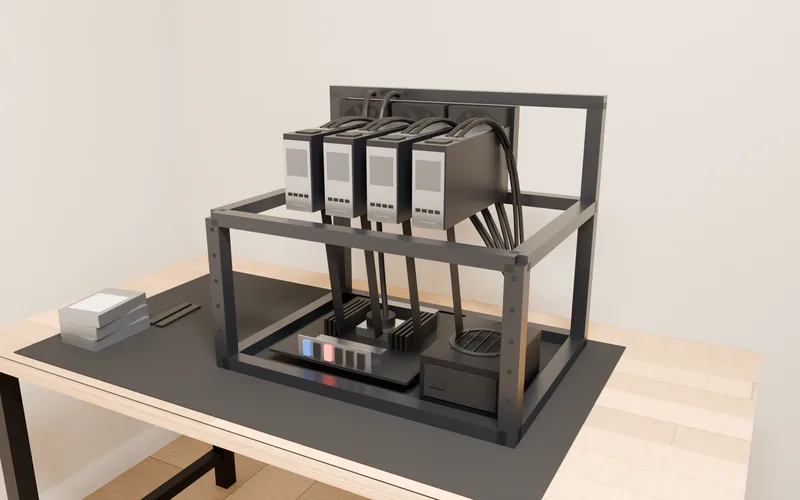 The open-frame AI server on the desk: four GPUs on risers above the board, a 360 mm radiator behind them.